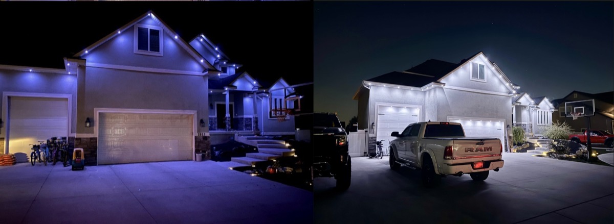 Side-by-side comparison of RGB versus RGBW permanent lighting showing true warm white difference